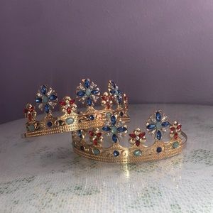 Gold tiara headbands with colorful rhinestones x2